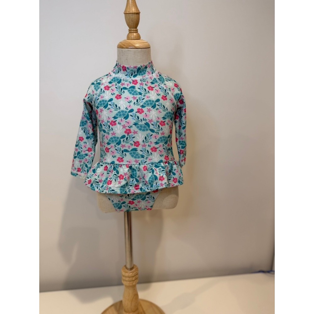 Flap Happy Baby Girls UPF 50+ Rash Guard Swim, Turtle Floral Pattern, Size 12M